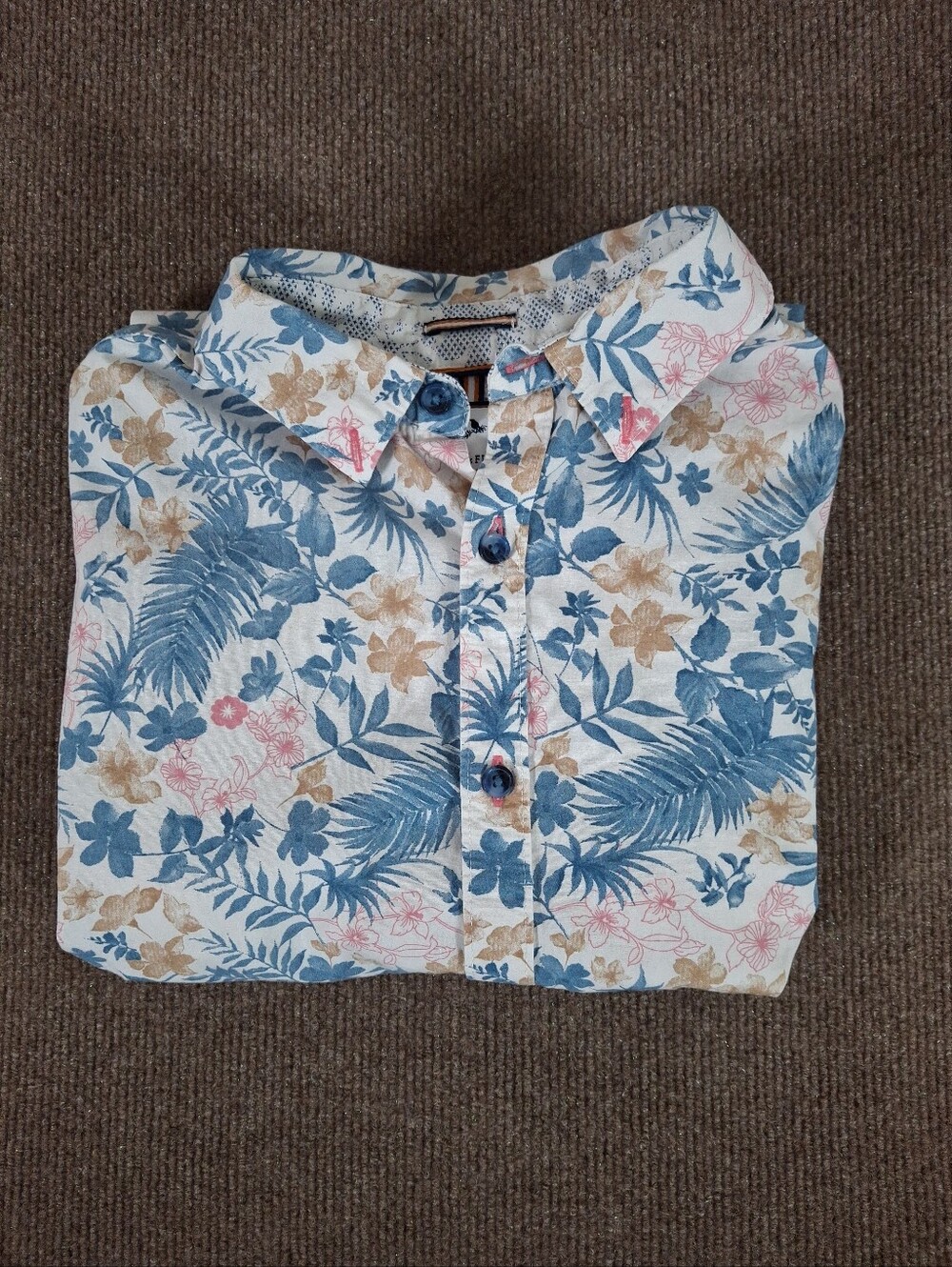 Denim & Flower White Slim Fit Short Sleeve Shirt Blue Tropical Print Size Medium